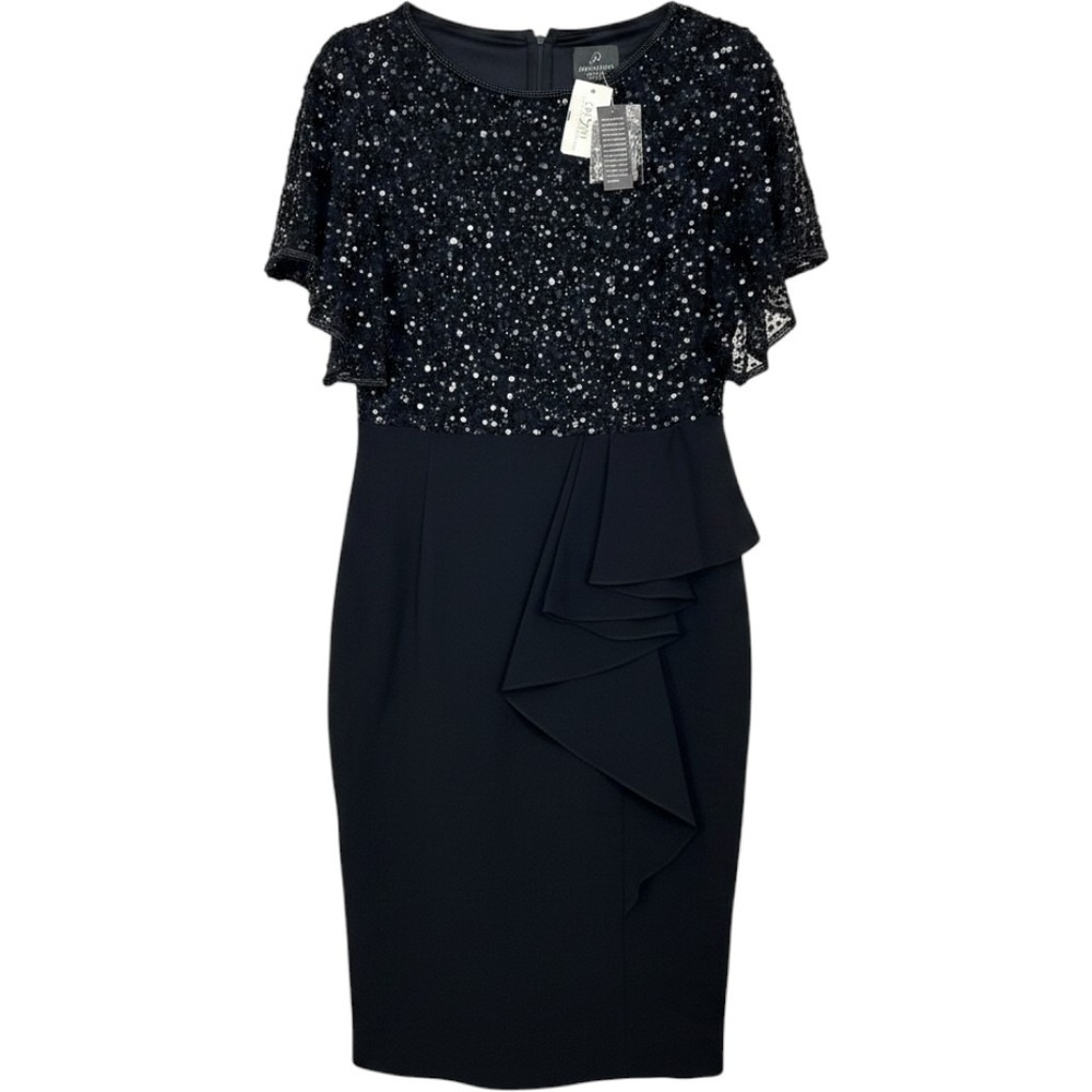 Adrianna Papell Sequin Sheath Dress Womens 14 Black Flutter Sleeve Ruffle Formal - Picture 1 of 10